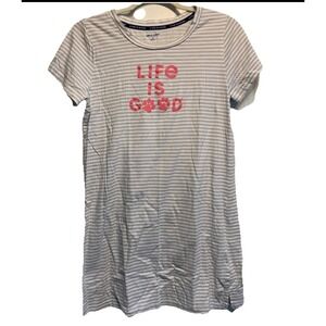 Life is Good Sleep Shirt Striped Pink Paw Print Graphic Nightgown Women Medium